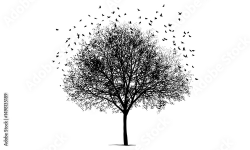Birds on leafy tree silhouette, nature vector illustration, white background art, woodland design, forest scene, wildlife concept, eco friendly graphic, decorative tree graphic, cutout.