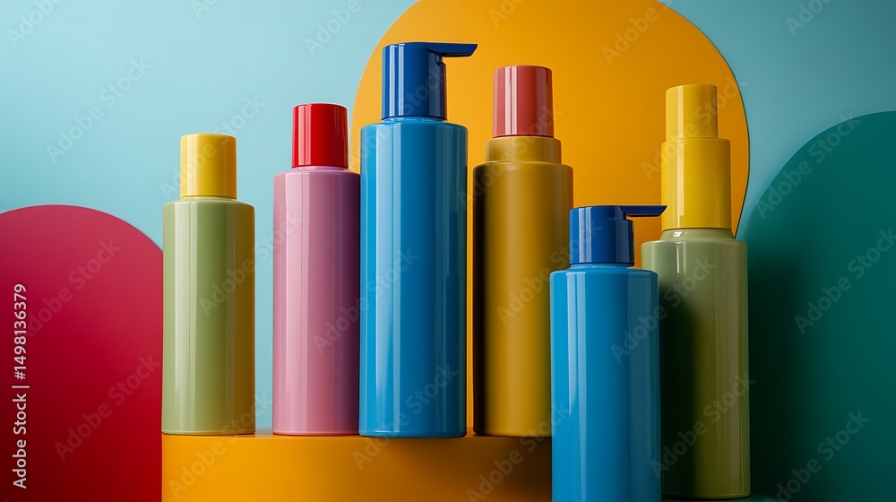 Fototapeta premium Colorful cosmetic bottles arranged on a display.