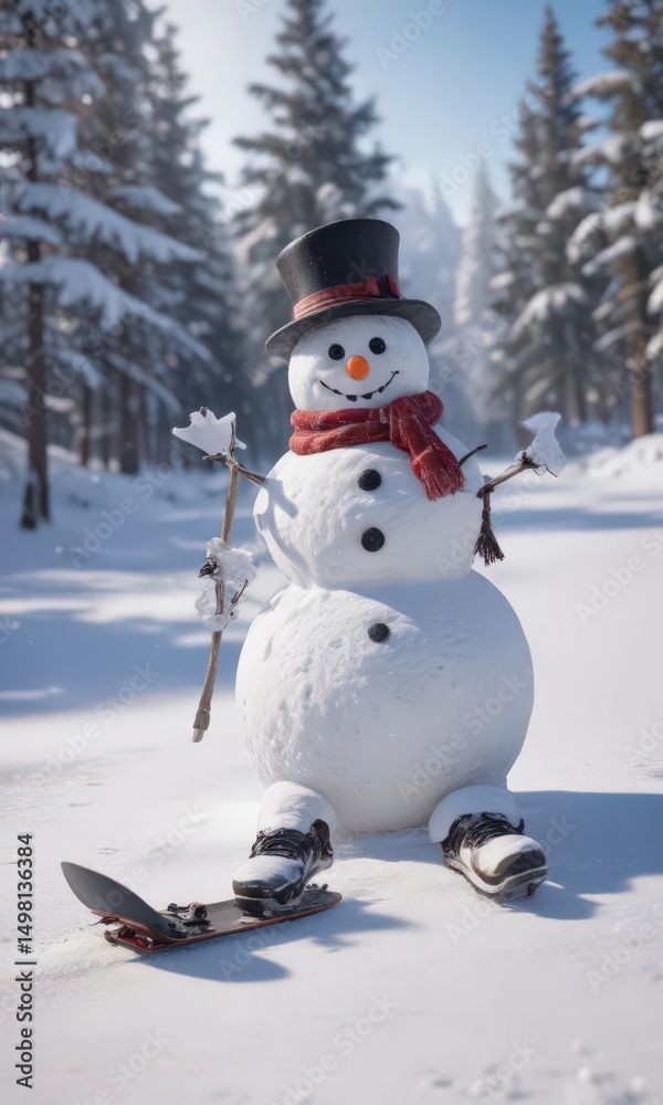 Fototapeta premium Frosty snowman amidst untouched snow; snowboard & ice skates scattered , snowflake, winter wonderland, icy
