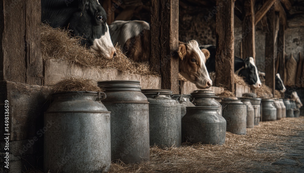 Obraz premium Cows feeding in a rustic barn with milk cans in the foreground