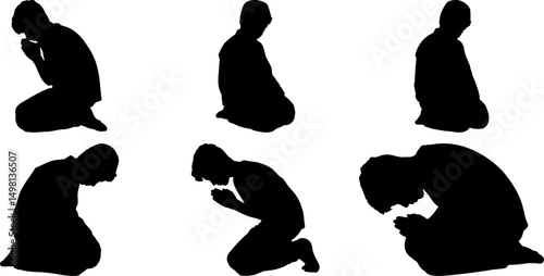 Six Silhouettes of Kneeling Men Praying Faithfully Depicting Humble Devotion Spirituality Religious Belief