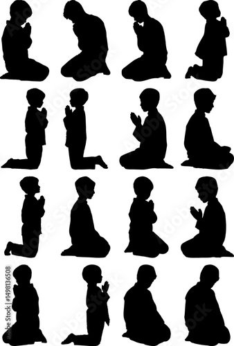 Sixteen Silhouettes of Children Kneeling in Prayer Posture Faith Spirituality Graphic