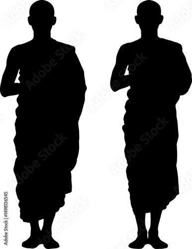 Two Buddhist Monks Silhouettes Standing Prayer Pose Peaceful Spirituality Asian Culture Religious Faith