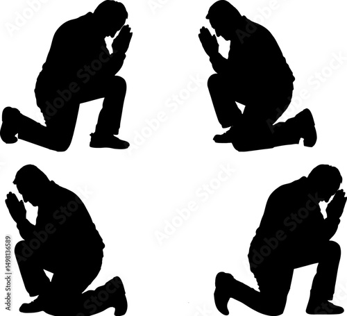 Praying Man Silhouettes Set Faith Religion Belief Spirituality Kneeling Worship God