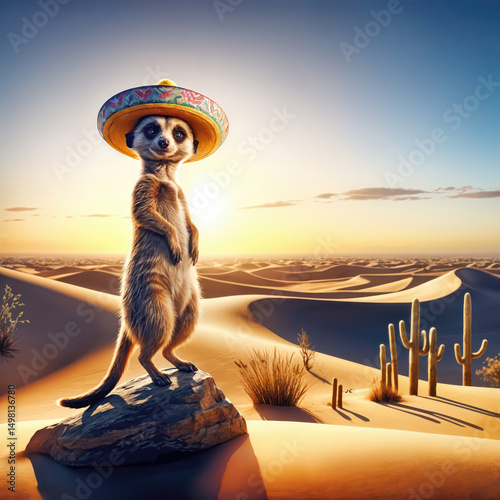 A meerkat stands confidently on a rock, wearing a colorful sombrero in a sunlit desert landscape