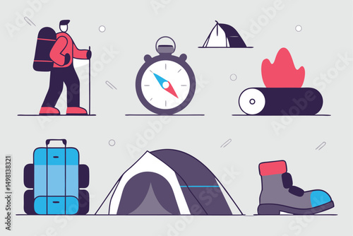 Camping adventure illustration featuring hiker compass tent backpack boots and campfire elements