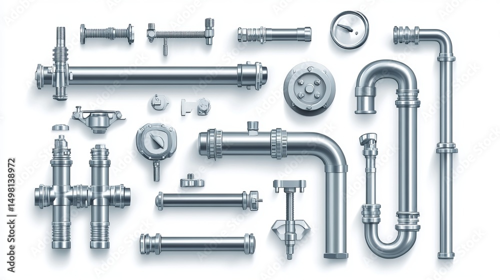 Obraz premium Realistic 3D vector illustration of a water meter and pressure regulator. Set of metallic stainless steel pipes, plumbing fittings