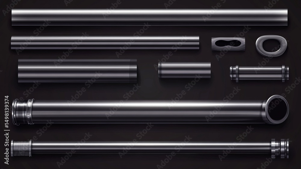 Collection of various pipe components and fittings. Includes stainless steel and metallic pipes used in water, fuel, and gas supply systems, as well as oil refinery pipelines. Collection of various pipe components and fittings. Includes stainless steel and metallic pipes used in water, fuel, and gas supply systems, as well as oil refinery pipelines.