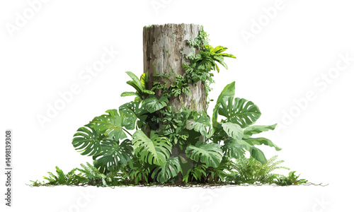 Tropical foliage plants with jungle tree trunk, climbing Monstera, bird’s nest fern, philodendron, forest orchid green leaves isolated on white background vector illustration, botanical art.