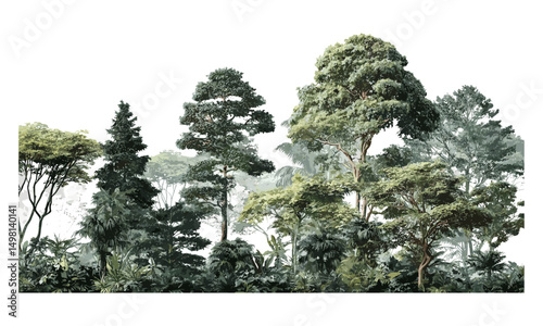 Jungle trees vector illustration, 3d rendering, tropical forest foliage, exotic plants, lush greenery, botanical design, wildlife habitat background, nature environment cutout.