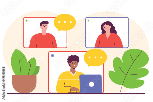Three people collaborating on a video call with laptop illustration in a minimalist design