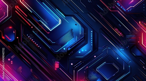 Abstract Futuristic Background with Neon Lights and Circuit Patterns