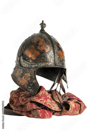 Isolated Medieval Helmet and Cloth