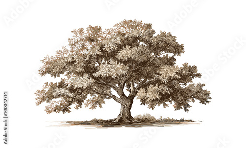 Vector illustration oak tree with leaves isolated, vintage botanical sketch, autumn foliage drawing, hardwood tree art, nature outline, woodland plant design, environment conservation symbol.