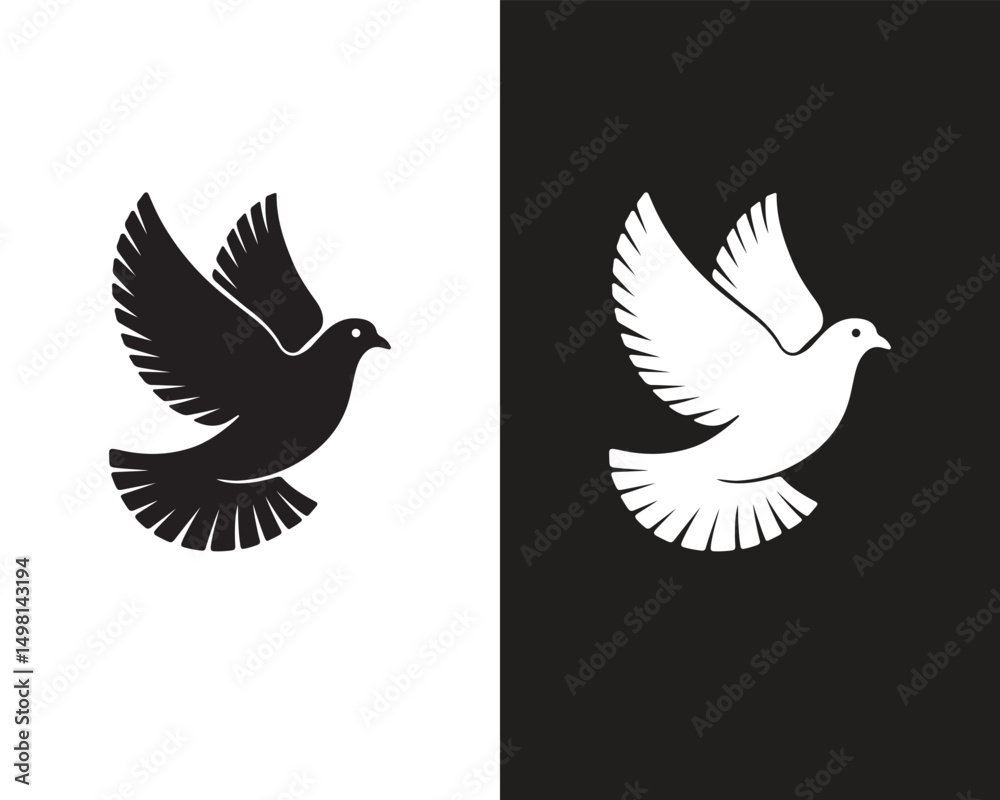 Obraz premium Black and White Flying Pigeon Silhouette Icon – Peace Symbol Bird Illustration on Split Background