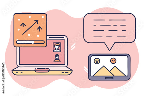 Modern digital communication illustration featuring laptop tablet and online interactions