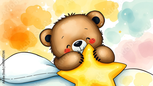 Baby bear hugging star pillow, dreamy watercolor concept for kids' bedroom poster photo
