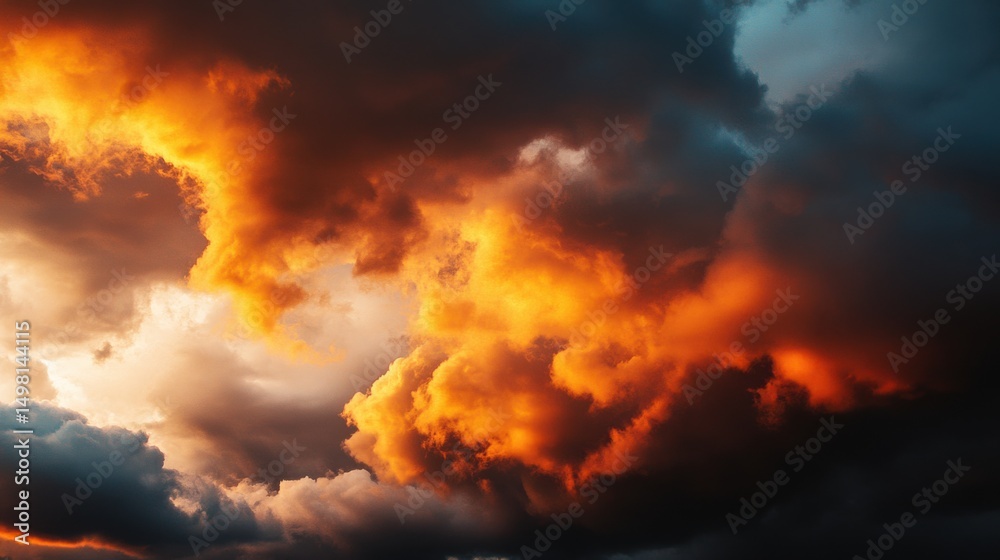 Fototapeta premium Dramatic Sunset with Fiery Clouds and Dark Stormy Skies