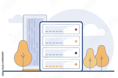 Modern vector illustration depicting server rack and data center technology infrastructure.