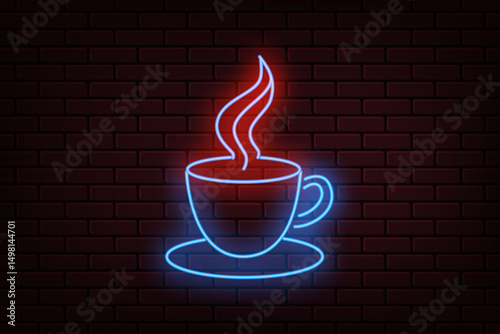 Vector illustration of a glowing neon coffee cup on a dark brick wall background. Modern retro style, perfect for cafe branding, menu design, or nightlife-themed graphics. EPS 10 included.