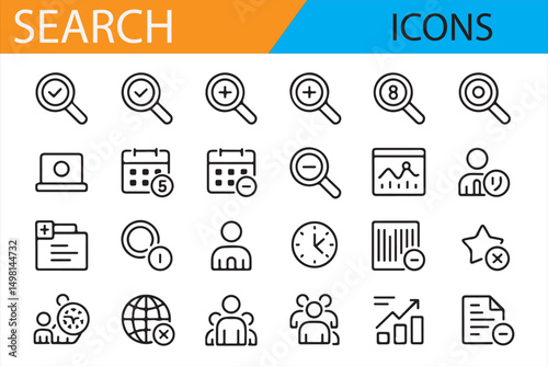 Minimal Search Icons: Magnifying Glass, File Search, User, and Data Analysis Symbols