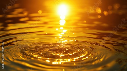 Golden Sunrise Reflections on Water with Droplet Impact and Waves