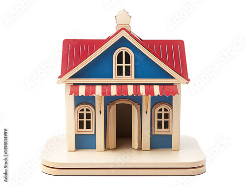a small blue and red house