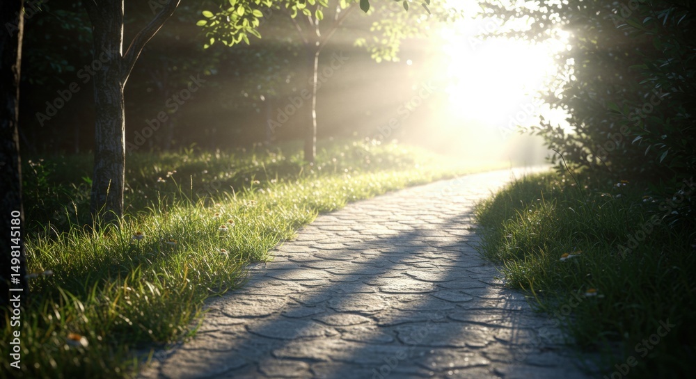 Fototapeta premium Stone pathway through green forest with sunlight streaming through trees. Tranquil nature scene. Journey and meditation concept. Peaceful outdoor retreat