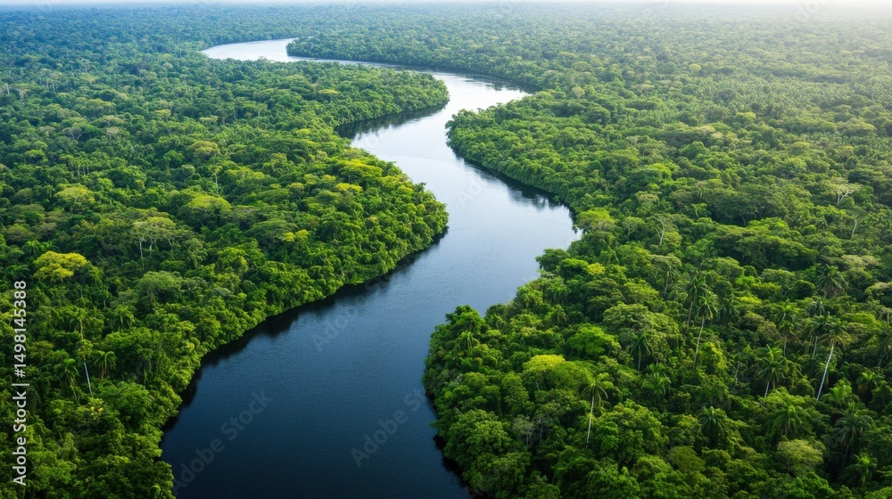 Obraz premium Scenic Aerial View of Serene River Winding Through Lush Forest