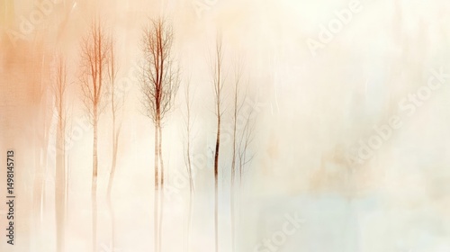 Minimalist bare trees silhouettes against soft pastel background. Foggy forest landscape. Tranquil nature scene. Ethereal winter or autumn atmosphere