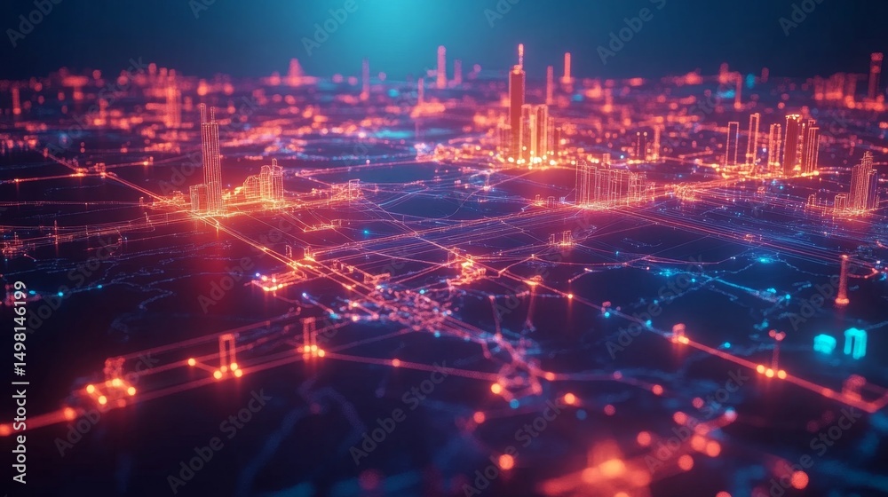 Obraz premium Illuminating global connections a glowing world map with connected networks digital landscape aerial view futuristic concept