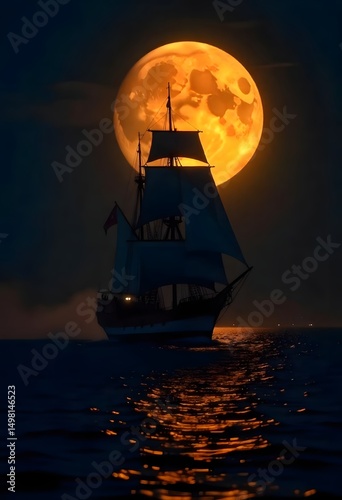 Majestic ship silhouette passing bright moonlit waterscape high resolution image