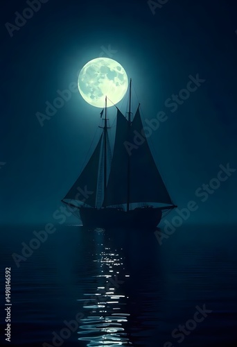 Mysterious pirate ship sailing under full moonlight glow high resolution image