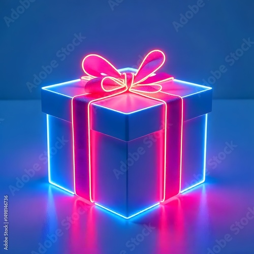 Neon glowing gift box with ribbon bow on white background high resolution photo