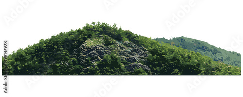 Rocky mountain hill with green forest isolated, vector illustration, natural landscape, wilderness scenery, outdoor adventure, scenic nature view, wildlife habitat, hiking trail, eco tourism.