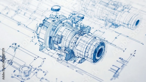 Creating detailed handdrawn technical blueprint of an engine assembly for engineering projects industrial settings technical illustration