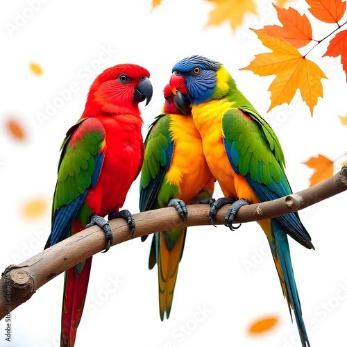 Vibrant tropical parrots perched on autumn branch together high resolution photo