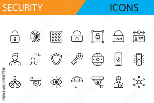 Security Icon Set: Minimalist Line Art Symbols for Locks, Fingerprint, Camera, and Protection