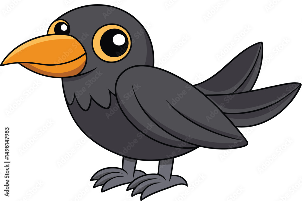 Fototapeta premium Cartoon Gray Bird with Orange Beak and Big Eyes Standing Upright