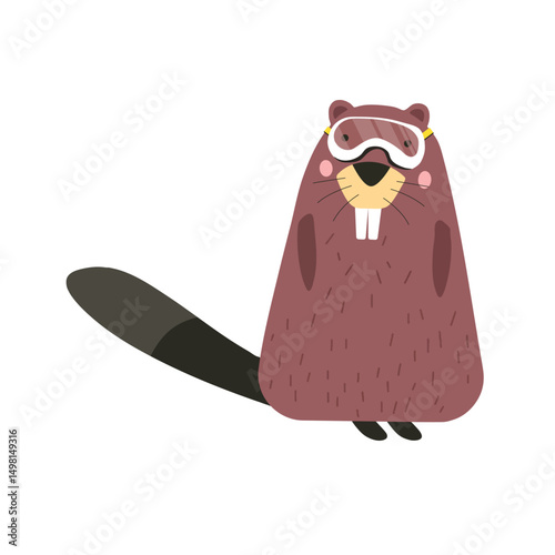 Cute Brown Beaver Illustration with Goggles, Whimsical Animal Graphic - VECTOR 
