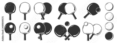 Table Tennis Icon Set. Vector Ping Pong Paddles and Balls in Flat, Silhouette, and Outline Styles Isolated on Transparent Background
