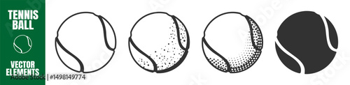 Tennis Ball Icon Set. Flat Style and Color Variations. Black and White Vector Illustration Isolated on Transparent Background