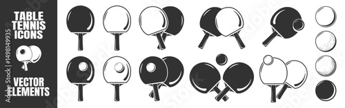 Table Tennis Icon Set. Vector Ping Pong Paddles and Balls in Flat, Silhouette, and Outline Styles Isolated on Transparent Background