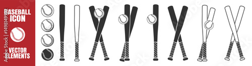 Baseball Icon Set. Vintage Style Vector Baseball Bats and Balls Collection, Crossed Bats, Sports Equipment Elements Isolated on Transparent Background for Logo, Poster, Print or Web Design