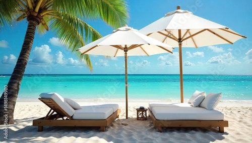 Relaxing beach scene with comfortable beds positioned under a large beach umbrella providing shade and comfort Perfect for a summer vacation getaway , shade, idyllic, umbrella