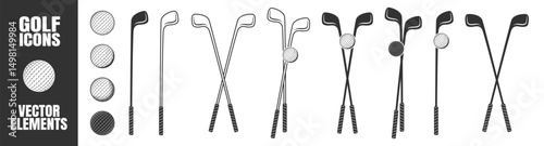 Golf Icon Set. Vector Collection of Golf Clubs and Balls, Crossed Clubs, Sports Equipment Symbols Isolated on Transparent Background for Logo Design, Posters, Print, or Web Projects