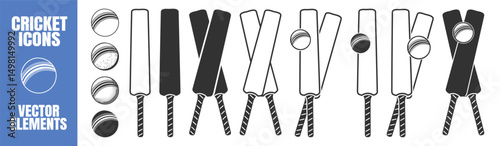 Cricket Icon Set. Vector Collection of Cricket Bats and Balls, Crossed Bats and Sports Equipment Elements Isolated on Transparent Background for Logo, Poster, Print, or Web Use
