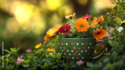 Retro-style green cup with polka dots paired with colorful flowers







