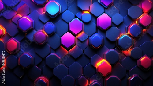 Colorful Geometric Hexagons in Blue and Purple Lighted Background