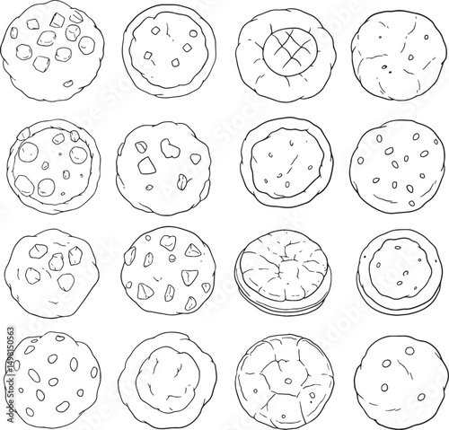 A versatile collection of hand-drawn cookie illustrations, featuring various textures and slight imperfections for a natural, homemade feel. Perfect for adding a rustic touch to baking-themed designs,